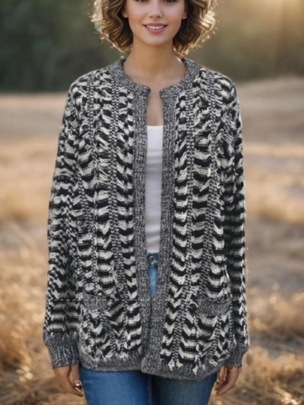 Endless Rose Black & White Striped Fringe Open-Front Cardigan